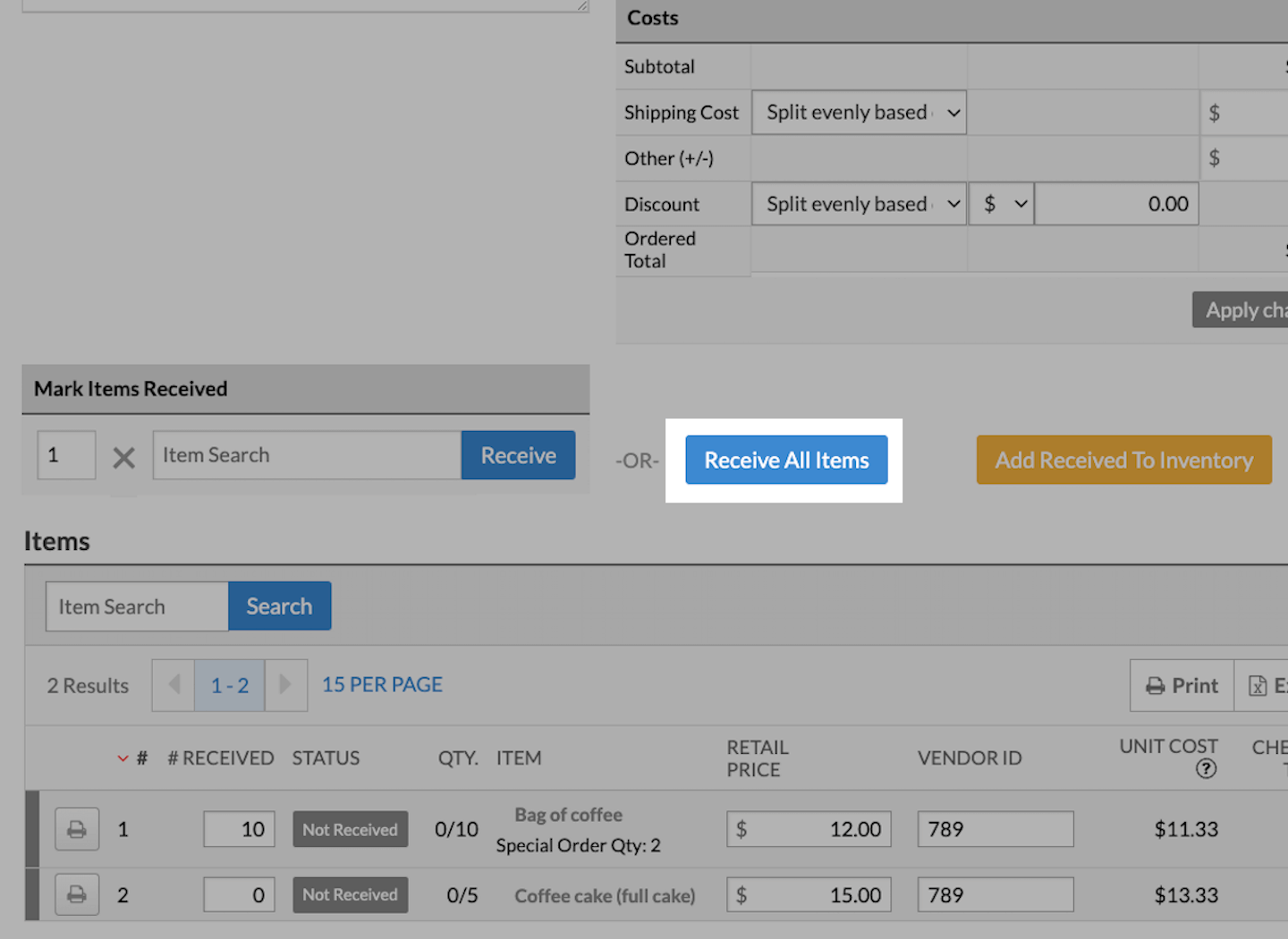 Purchase order screen, with Receive All Items button emphasized.