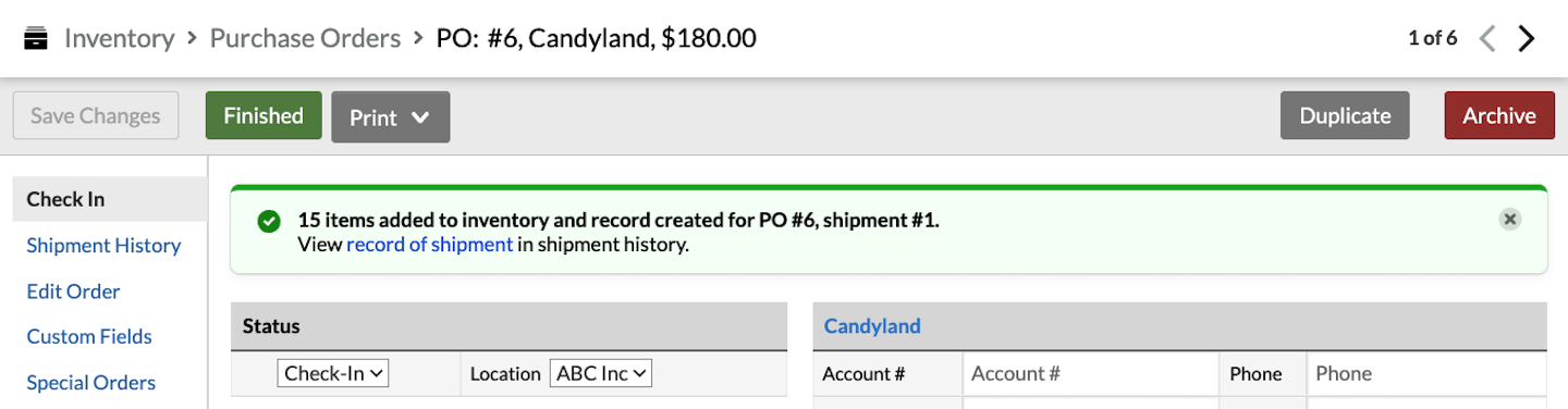 Purchase order screen, showing the Finished button and Check-In drop-down list under Status.