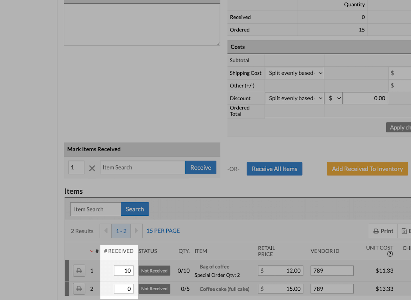Purchase order screen, with # Received field emphasized.