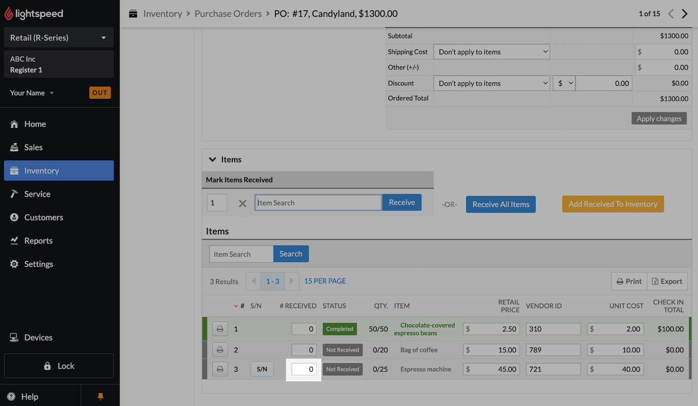 Purchase order screen, with # Received field emphasized.