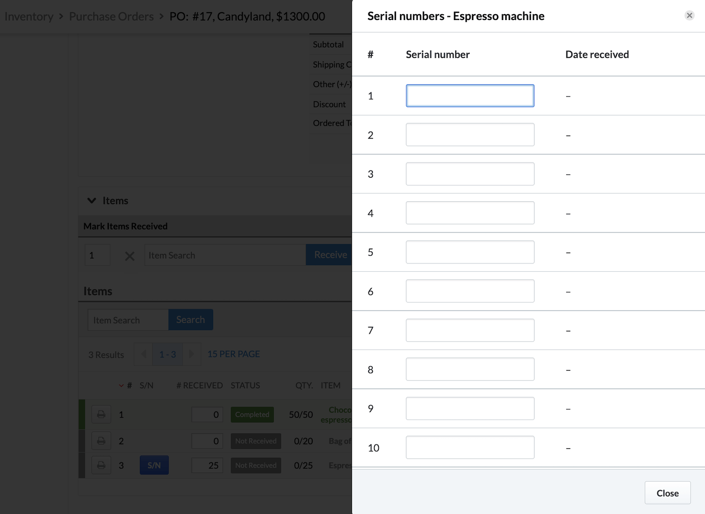 Serial number modal asking for serial number of each serialized item.