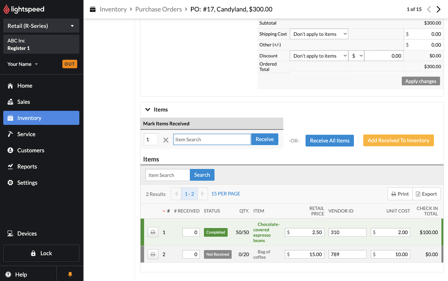 Purchase order screen showing partially received items.