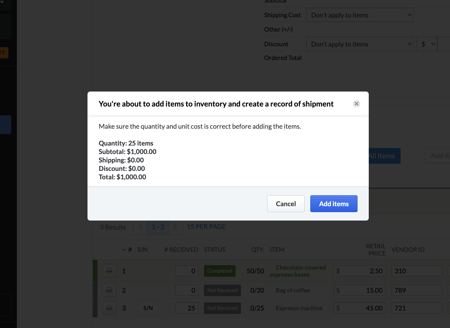 Een pop-upvenster met een samenvatting van de informatie en de opties Items toevoegen of Annuleren.