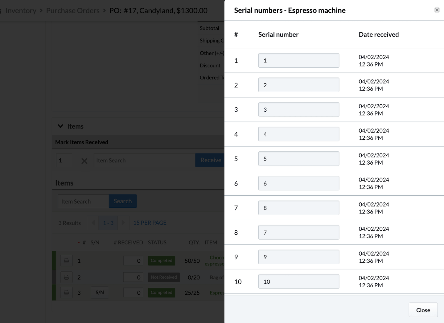 Fenêtre de saisie des numéros de série, la date et l’heure de réception sont remplies automatiquement.