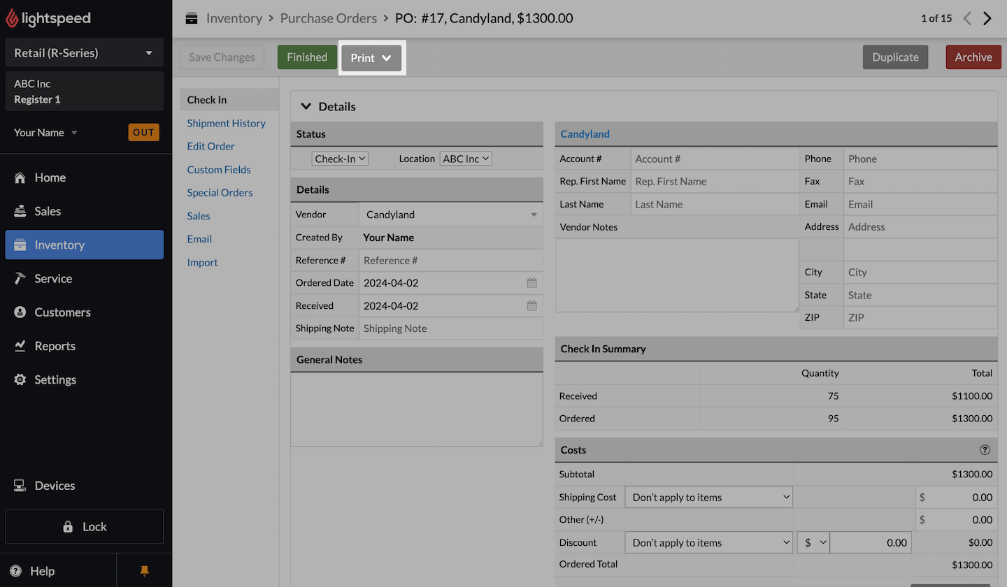 Purchase order screen, with Print emphasized.