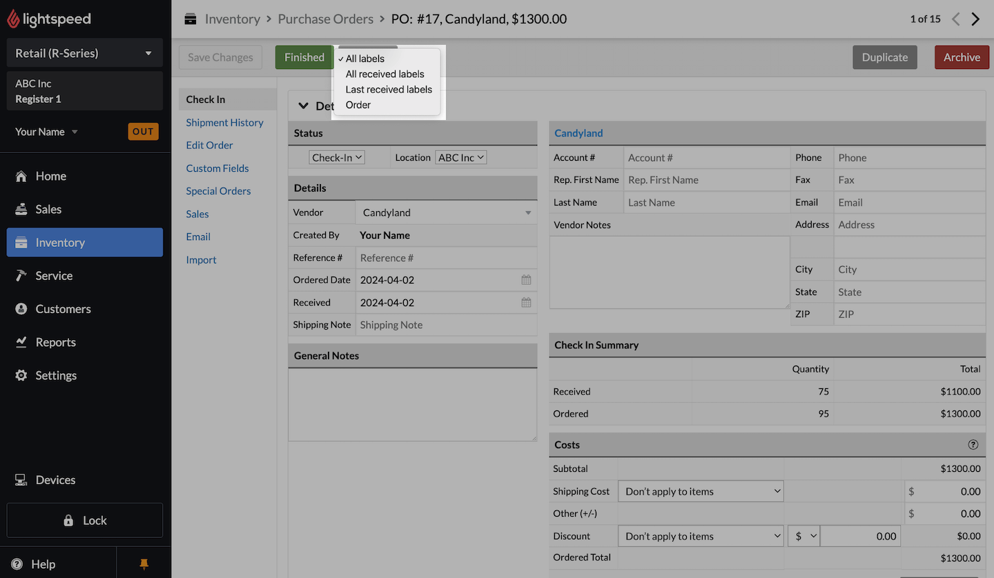 Drop-down showing options to print All labels, All received labels, Last received labels, or Other.