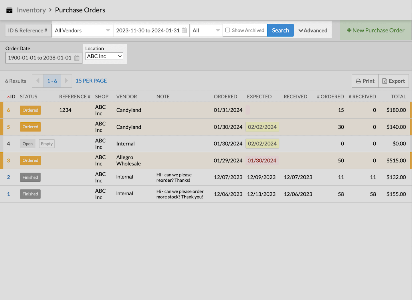 List of all Purchase Orders, with All Vendors, Advanced, and Location highlighted.