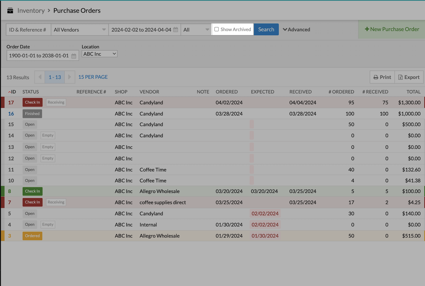 List of purchase orders, with Show Archived option emphasized.