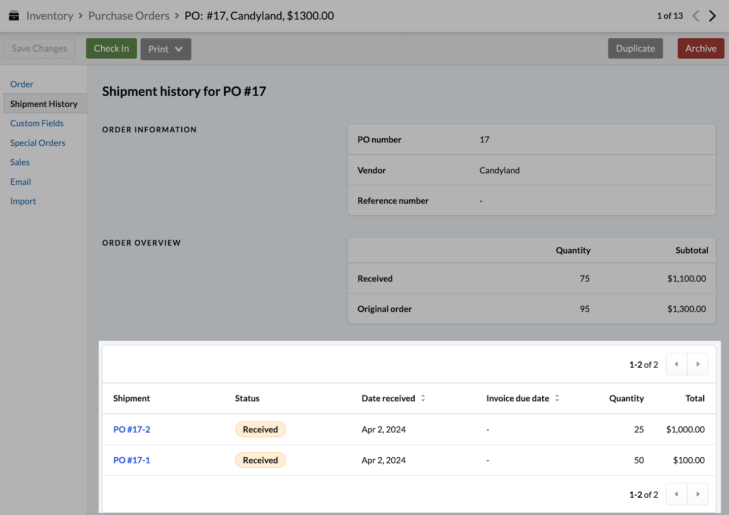 Shipment history page, with shipment list section emphasized.