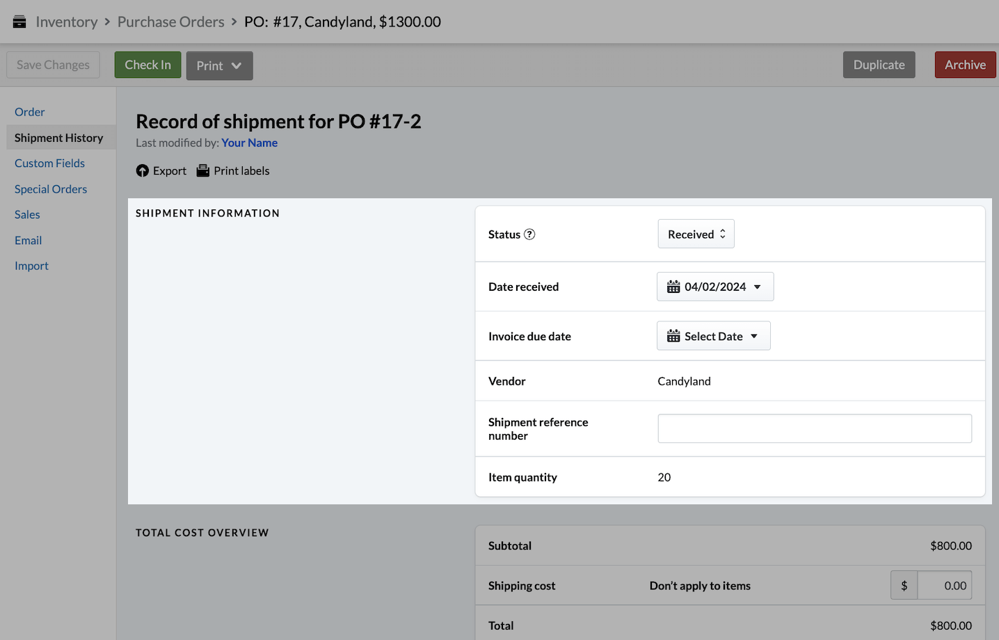 Shipment history page for a single shipment, with Shipment Information section emphasized.