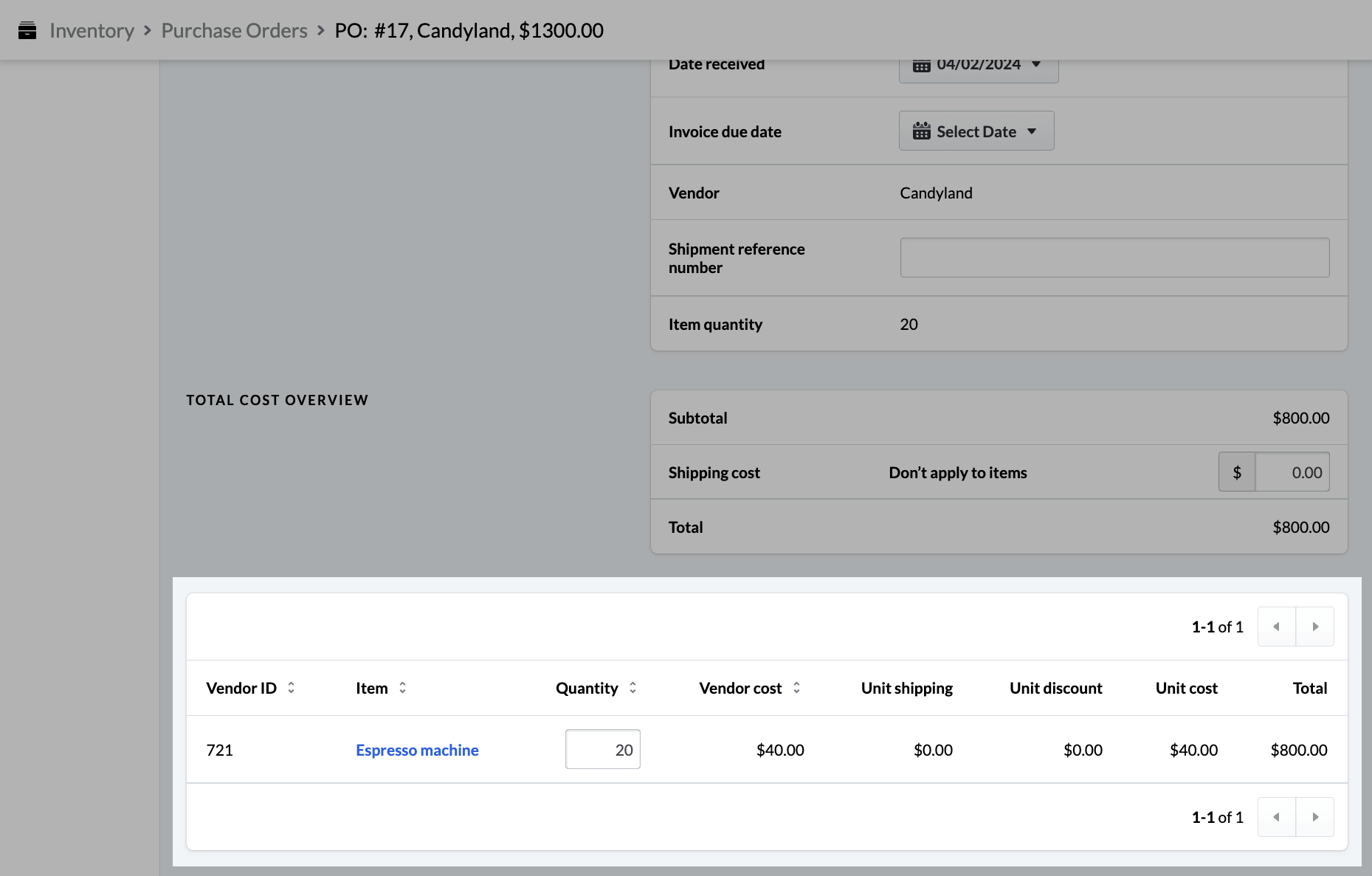 Page Historique d’expédition pour une expédition donnée avec la liste des articles mise en évidence.