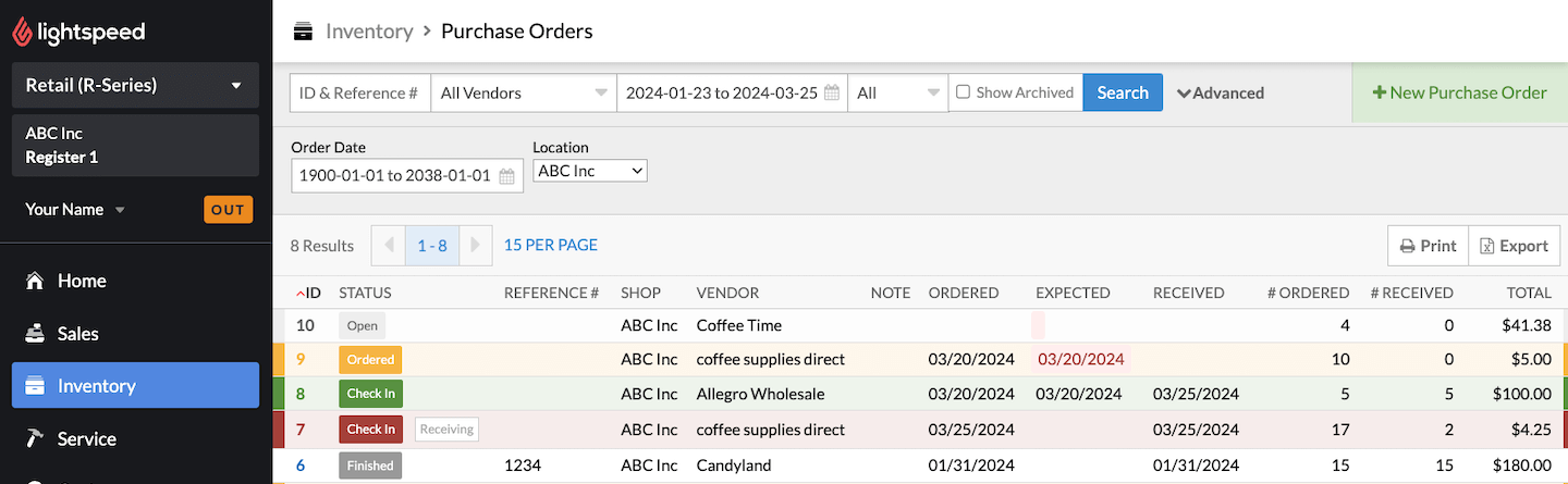 List of purchase orders, showing differently-colored statuses.