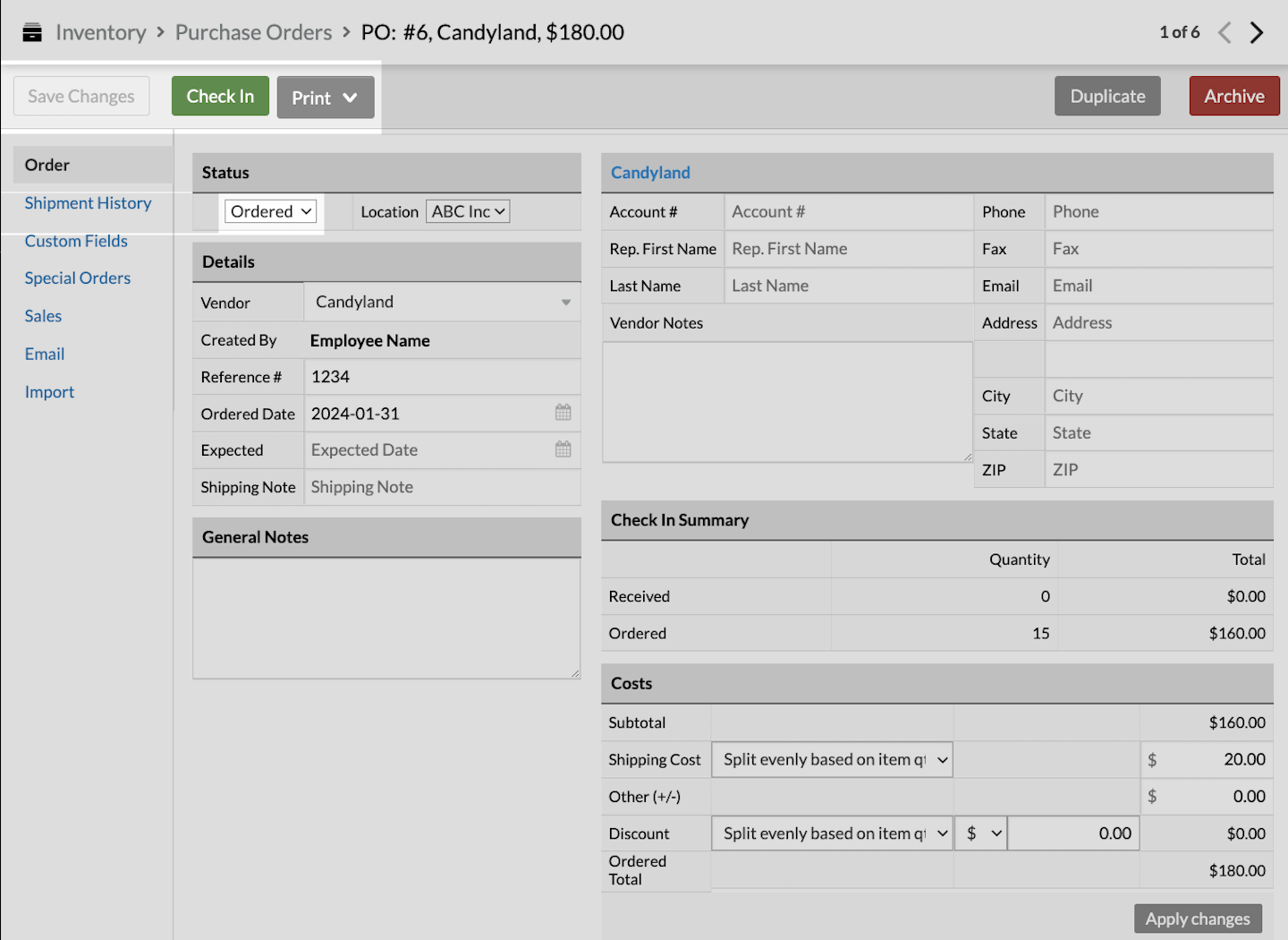 Main purchase order screen, with Save Changes, Check In, and Status drop-down emphasized.