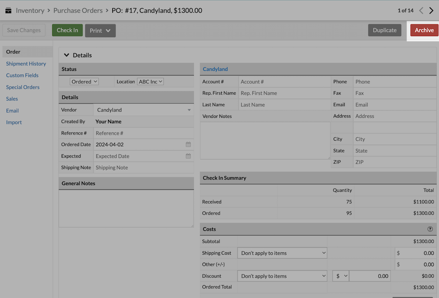 Main purchase order screen, with Archive button emphasized.