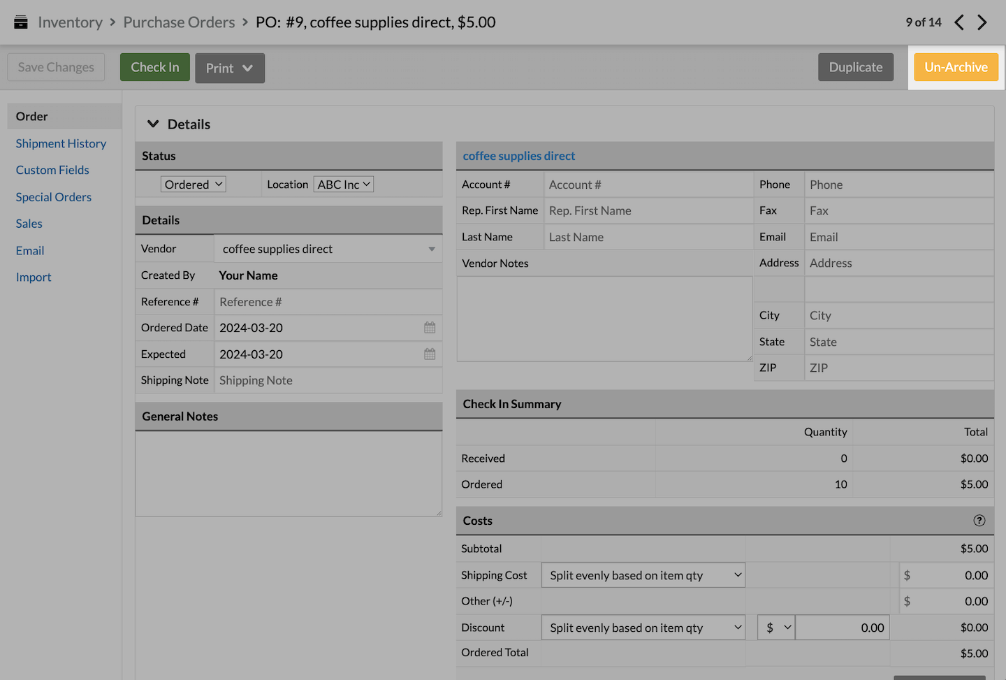 Main purchase order screen, with Un-Archive button emphasized.