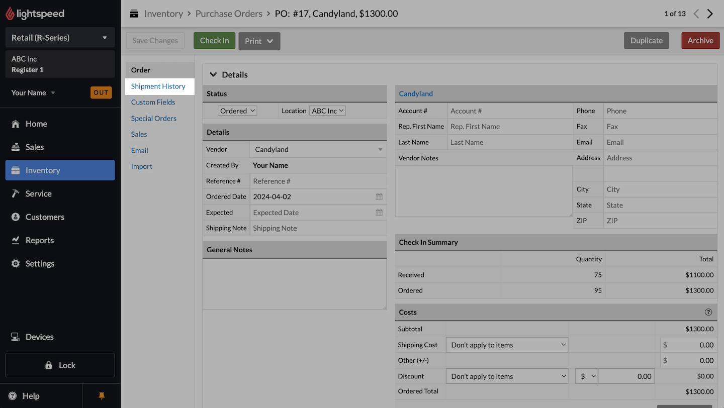 Main purchase order screen, with Shipment History emphasized.