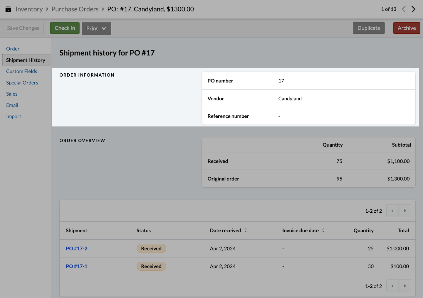 Shipment history page, with Order Information section emphasized.