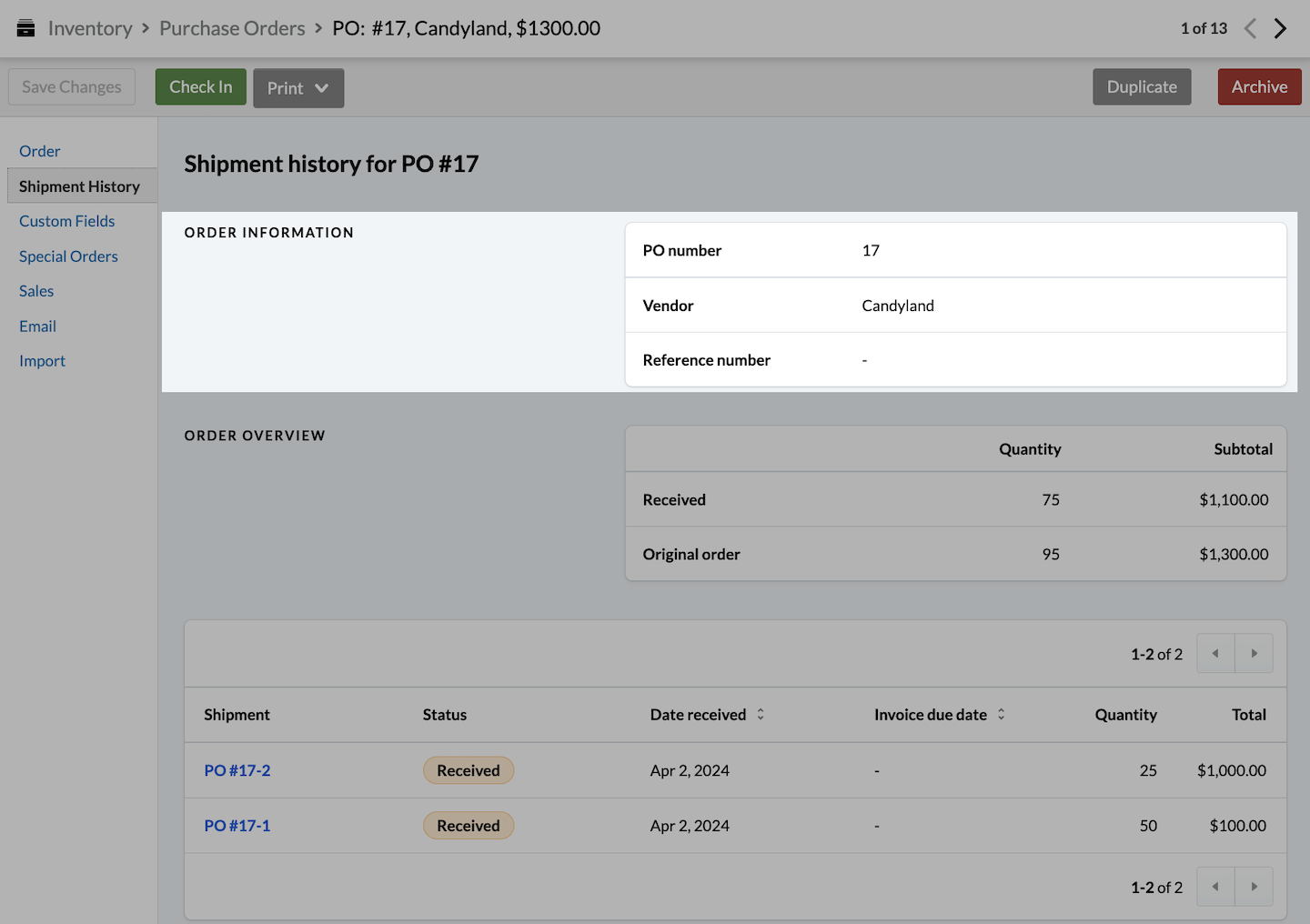 Page Historique d’expédition avec la section Renseignements sur la commande mise en évidence.