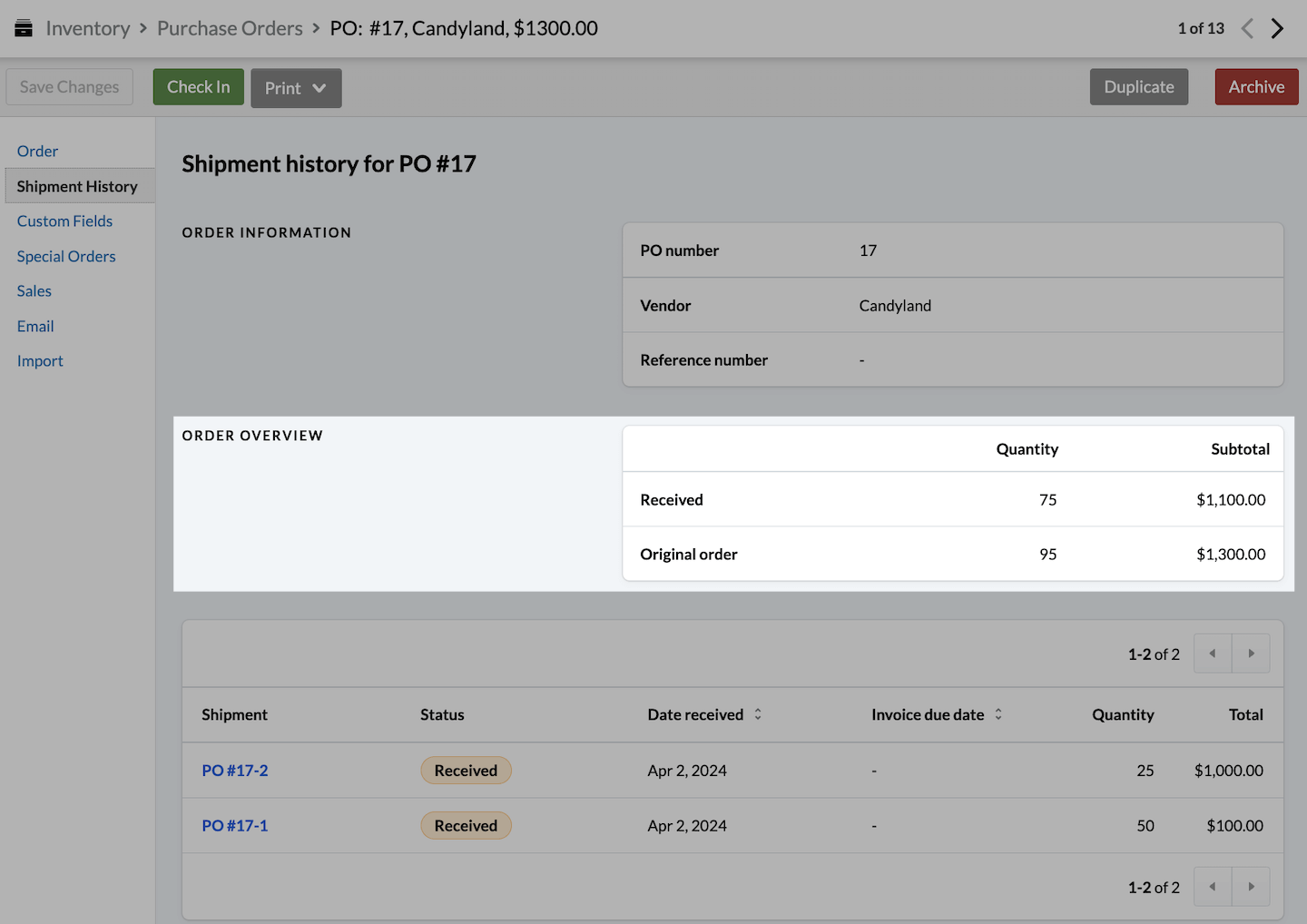 Shipment history page, with Order Overview section emphasized.