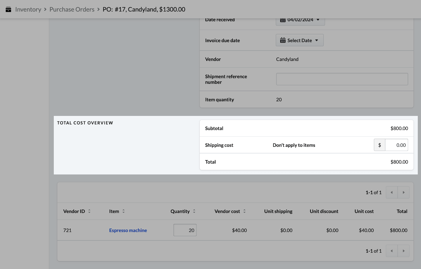 Shipment history page for a single shipment, with Total Cost Overview section emphasized.