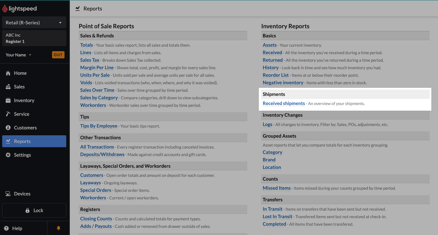Reports page, with Received Shipments emphasized.