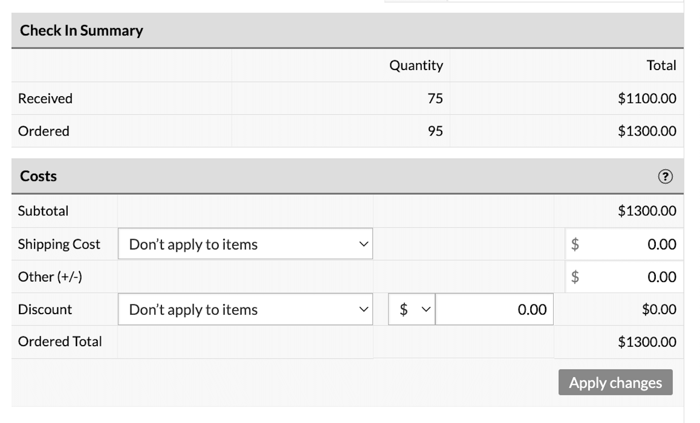 Check In Summary and Costs sections.