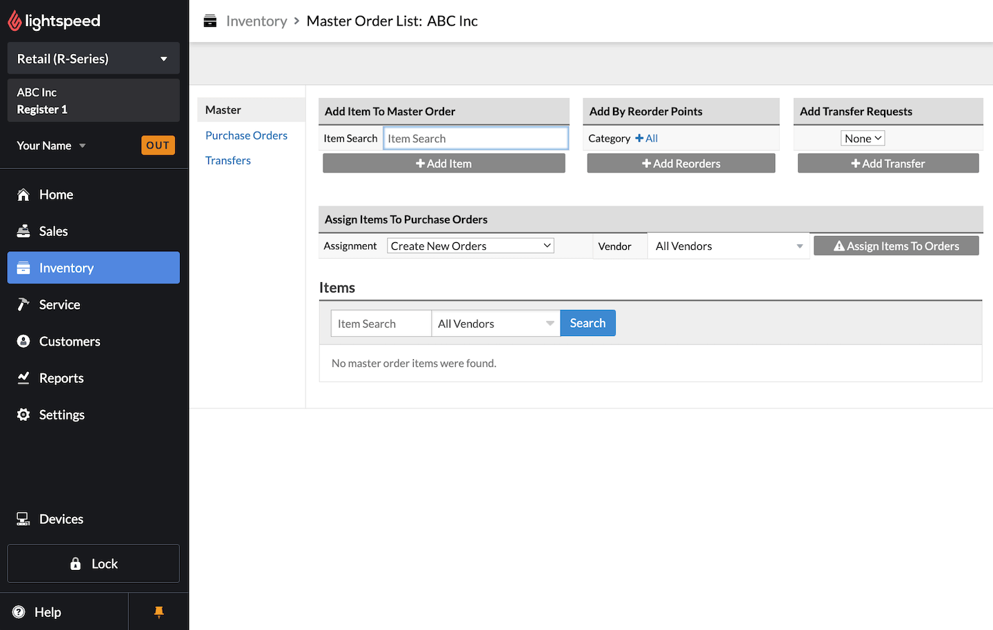 Master Order section, with options to add items and assign items to purchase orders