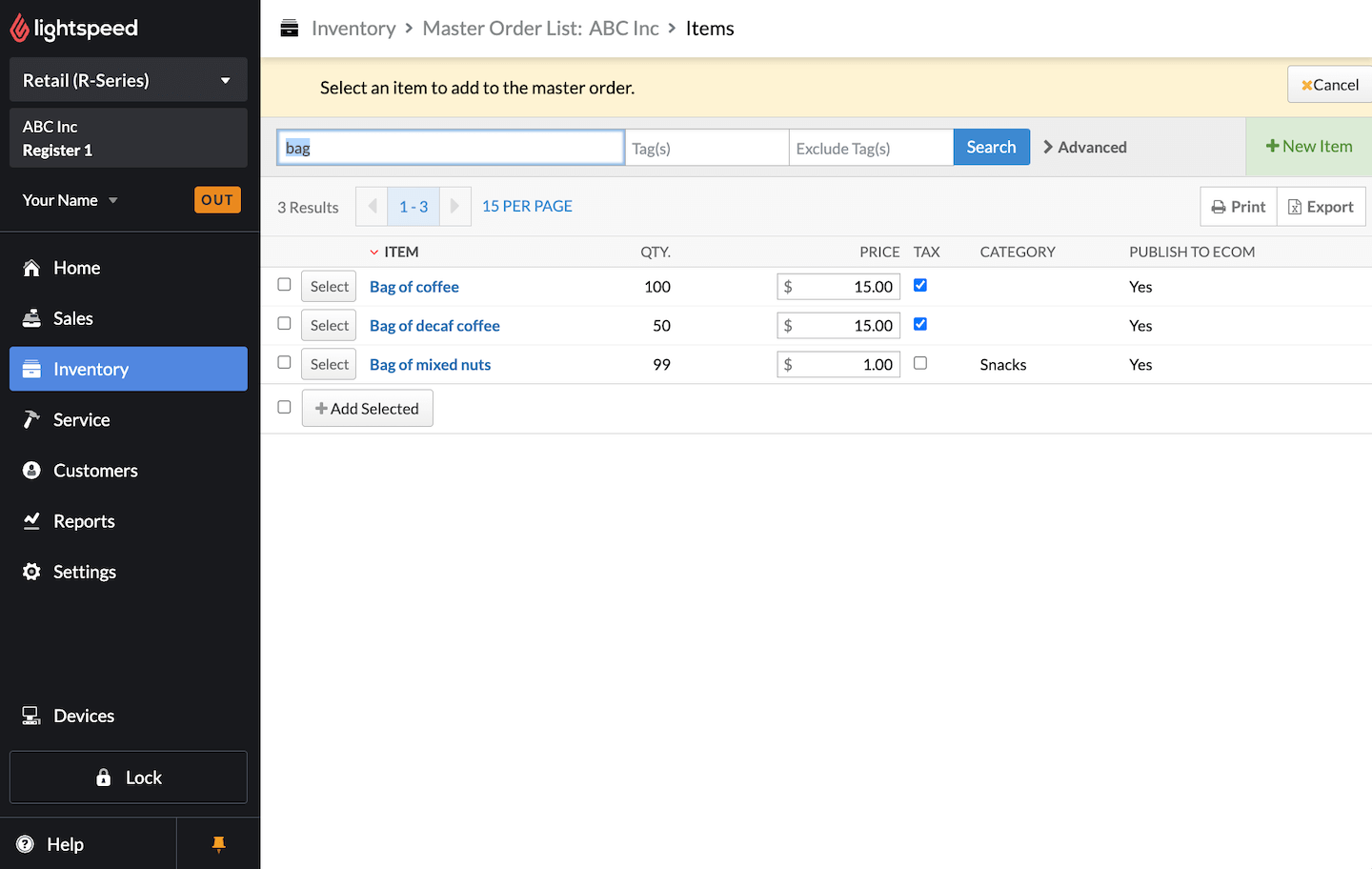 List of items that matched the search term, with options to add an individual item or select multiple items to add.