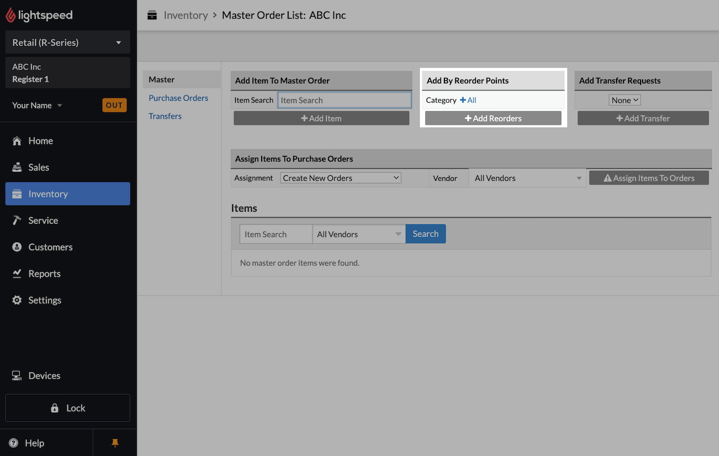 Master Order section, with Add By Reorder Points area emphasized.