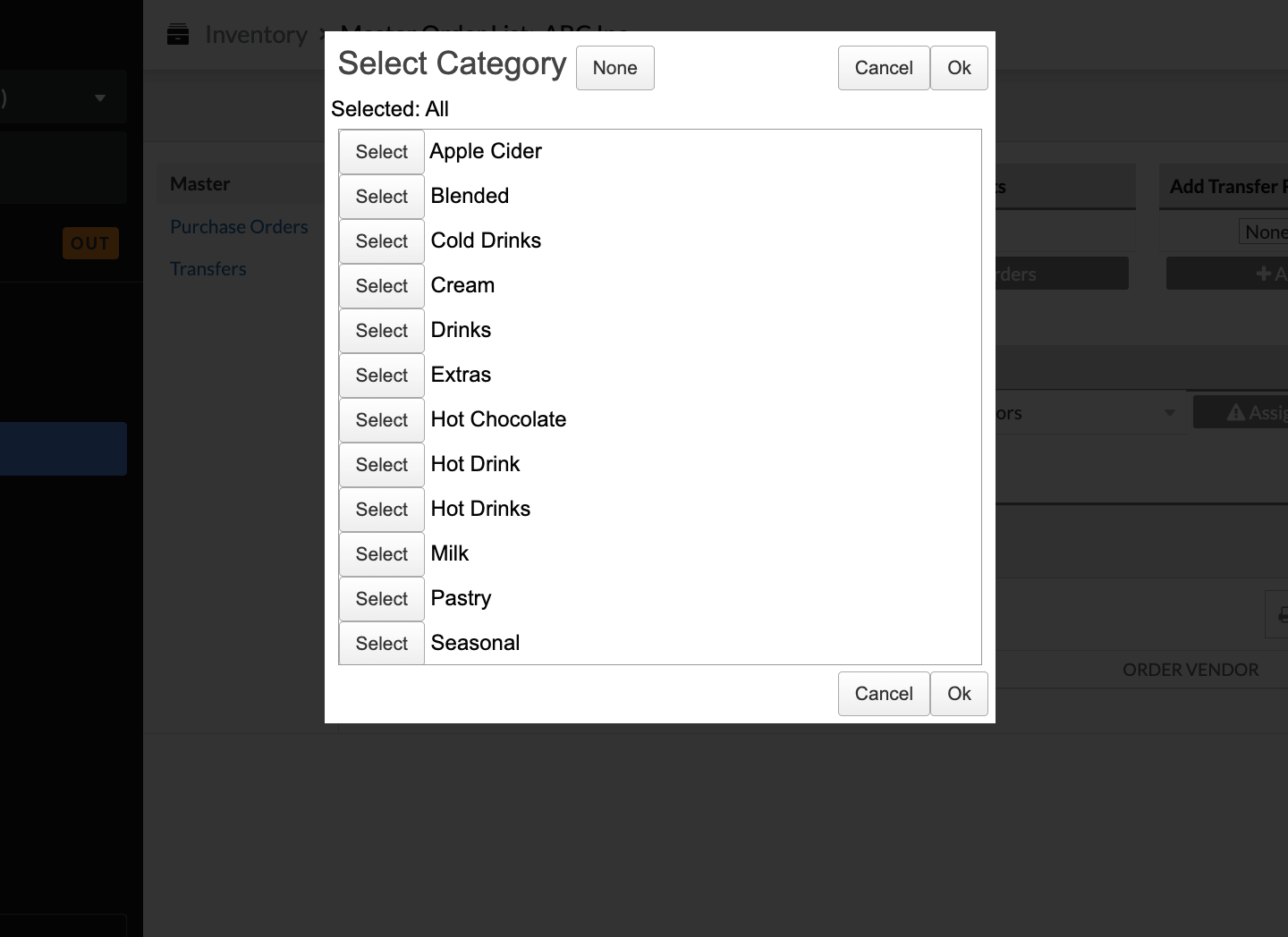 Pop-up window with list of available categories.