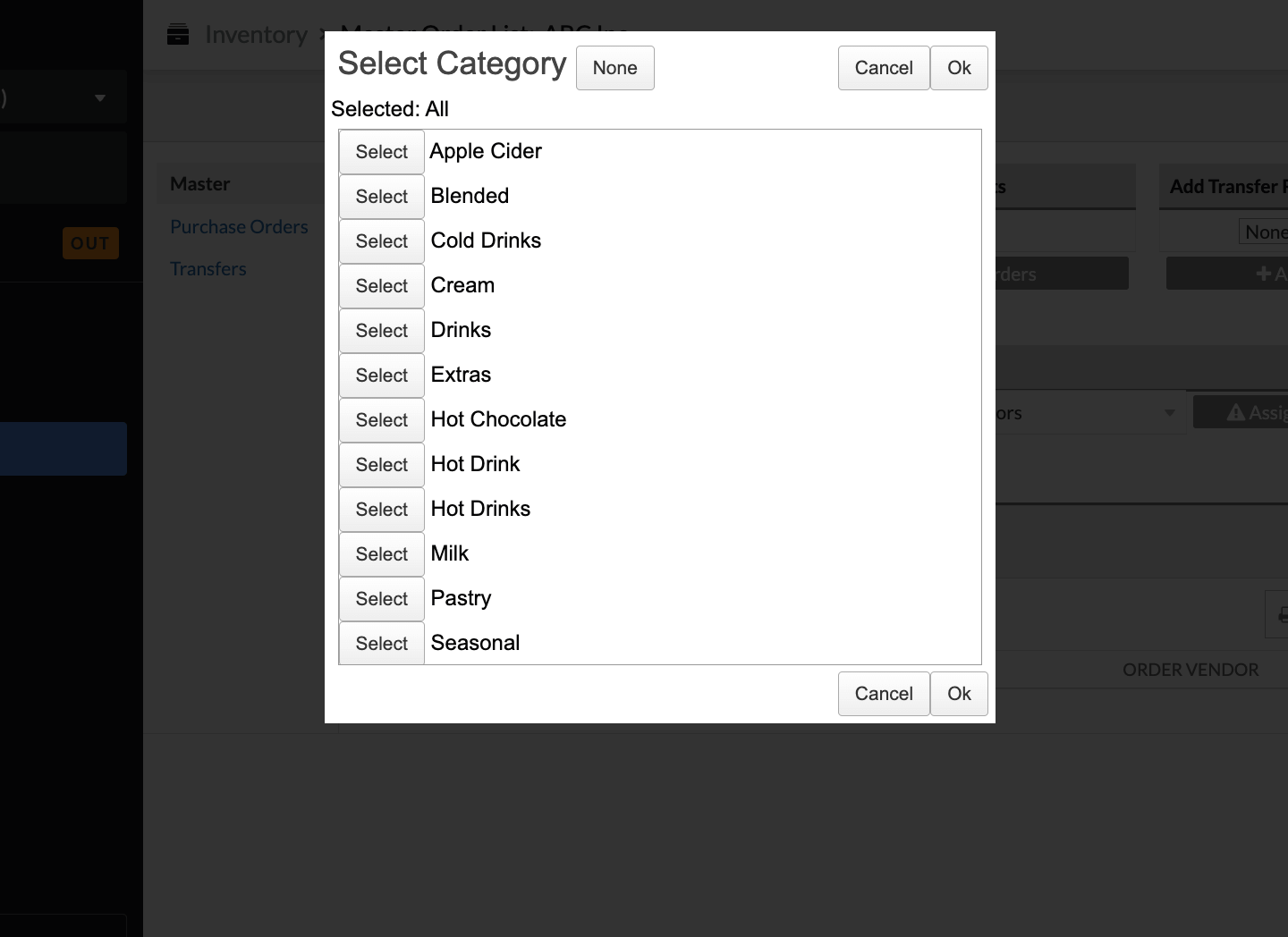 Fenêtre contextuelle présentant une liste des catégories disponibles.