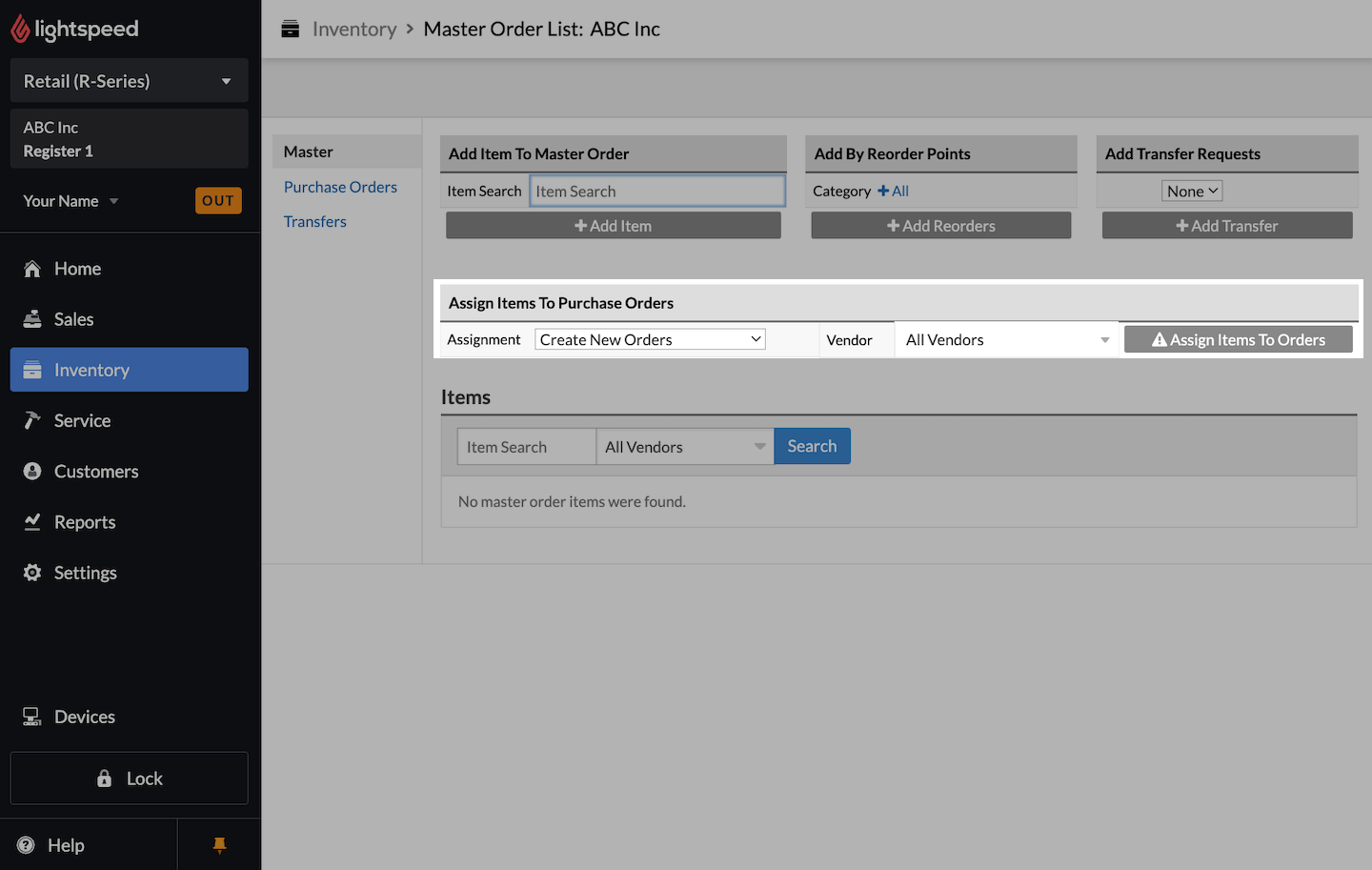 Master Orders section, with Assign Items to Purchase Orders area emphasized.