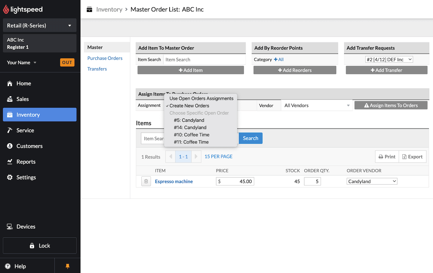Master Order section, with Assignment drop-down open showing options to Use Open Orders Assignments, Create New Orders, or choose an individual specific order.