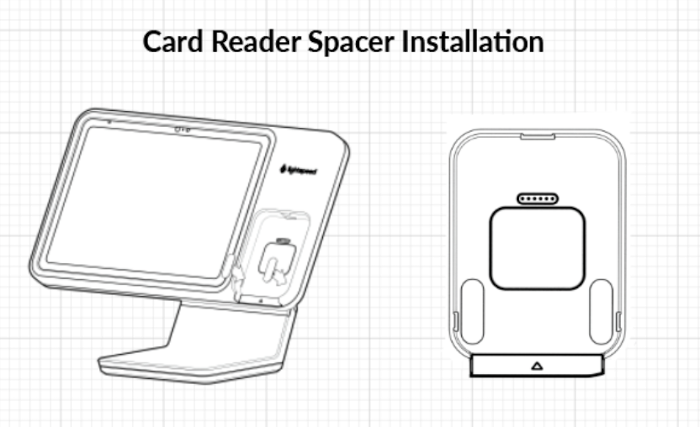 Illustration of Lightspeed Stand with Payments with two adhesive strips installed into the cut-out section for the Reader.