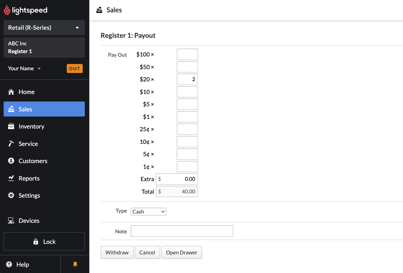 Payout page with different cash denomination options.