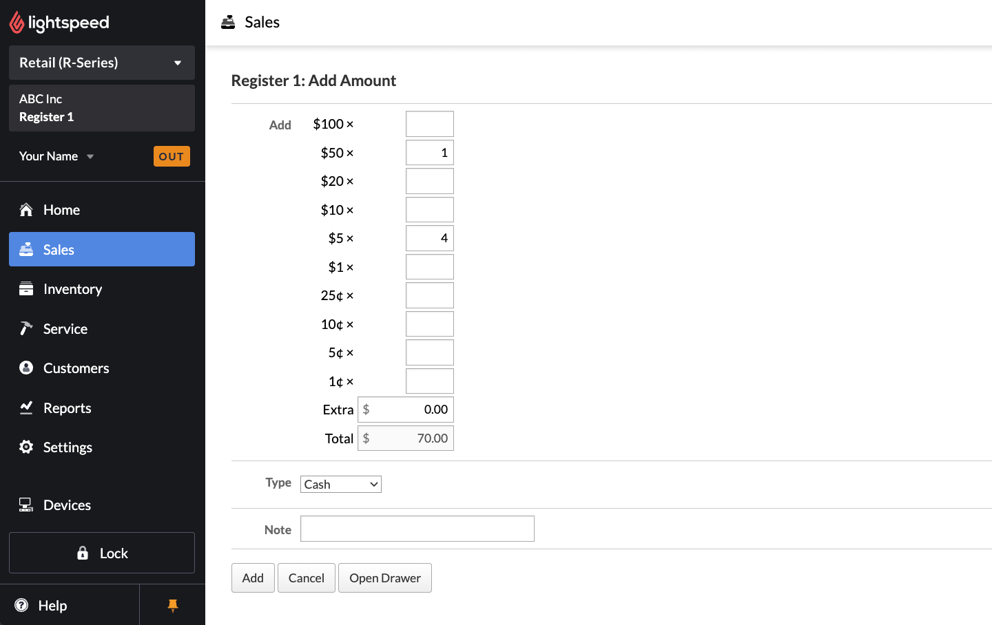 Add amount page with different cash denomination options.