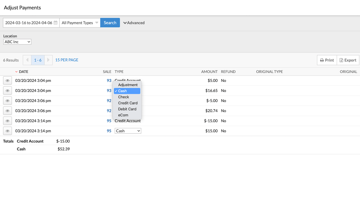 Adjust Payments page with Type drop-down showing payment type options.
