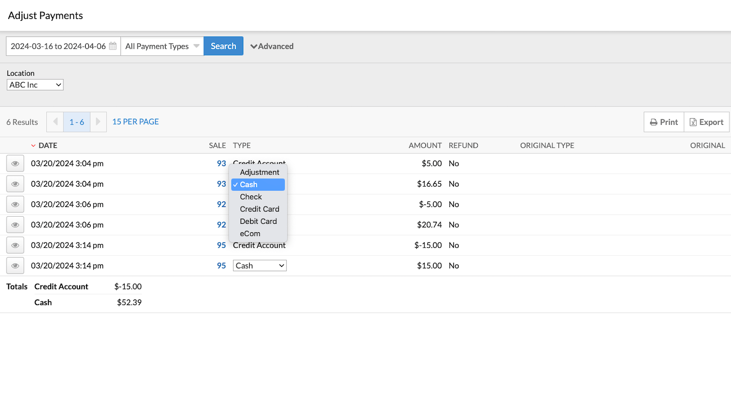 Page Ajuster les paiements avec le menu déroulant Type présentant plusieurs types de paiement.