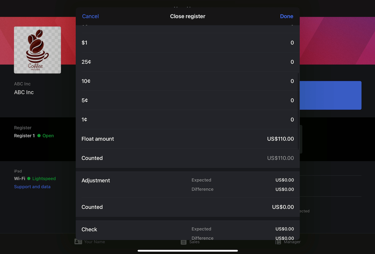 Close register modal with different cash denomination options.