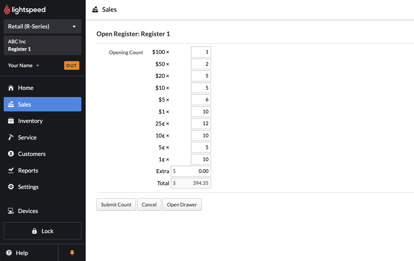 Open Register page with different cash denomination options.