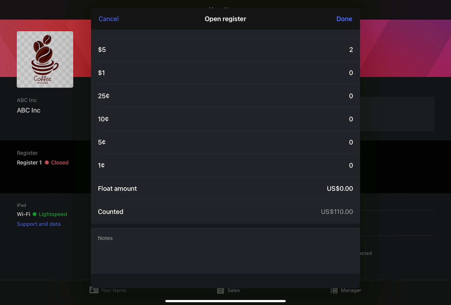 Open register modal with different cash denomination options.