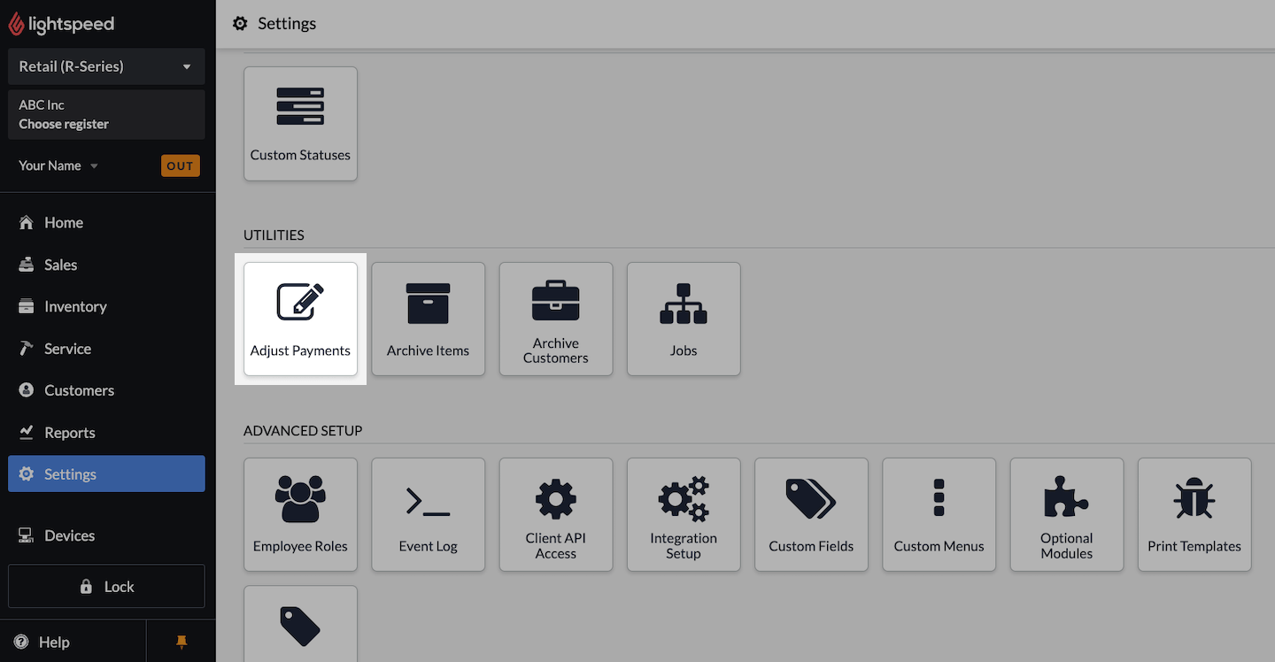 Page Paramètres avec le bouton Ajuster les paiements mis en évidence.