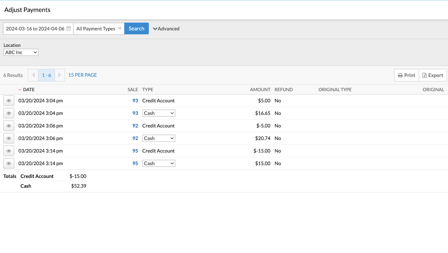 Adjust Payments page showing previous transactions.
