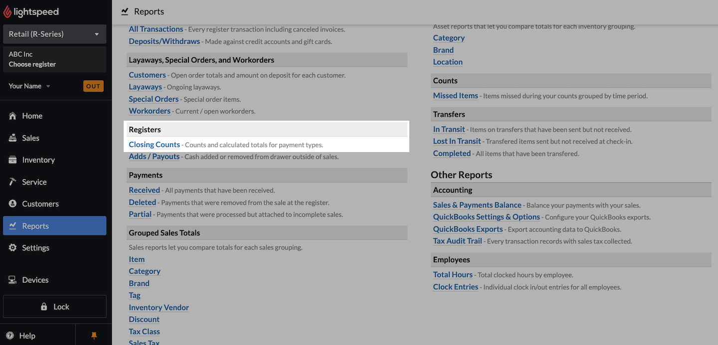 Reports page with Registers section and Closing Counts report emphasized.