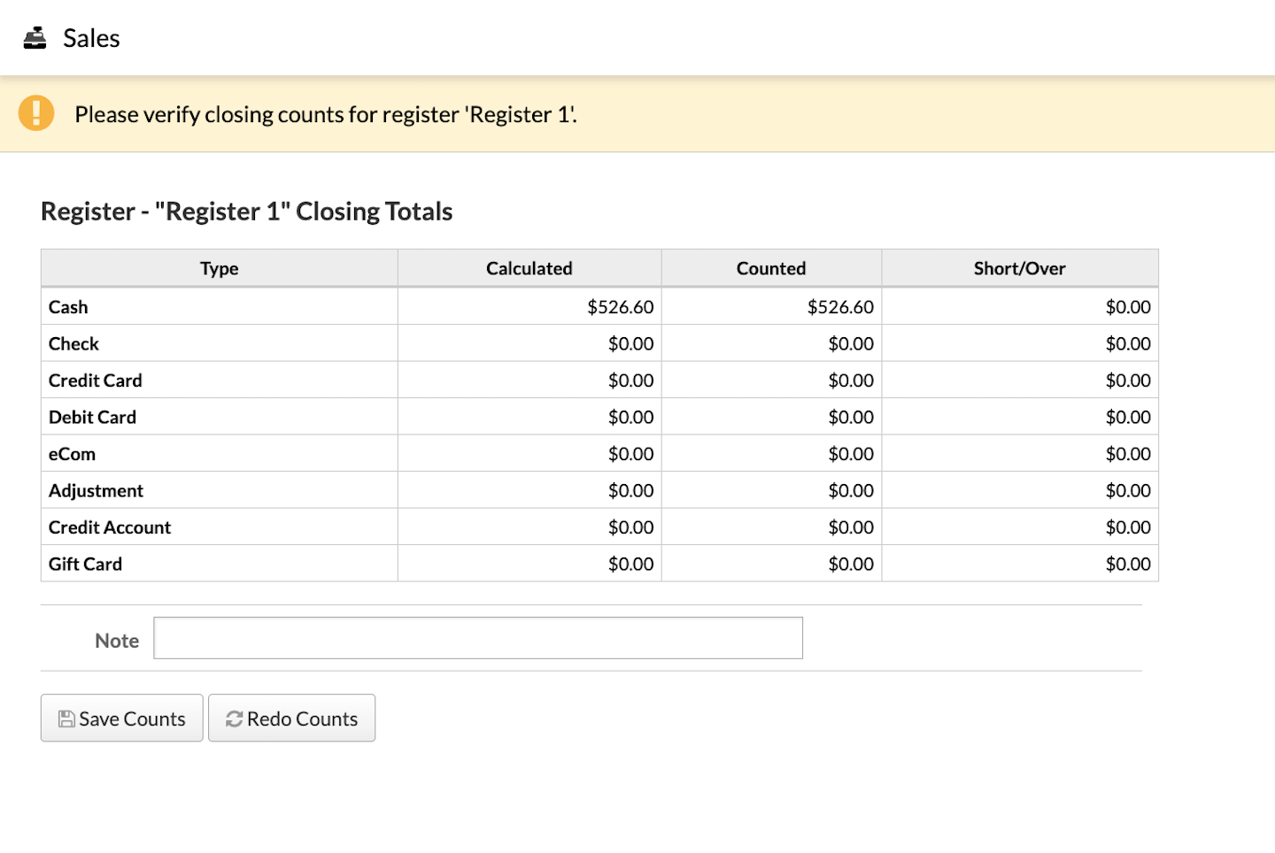 Verify counts page with options to Save Counts or Redo Counts.