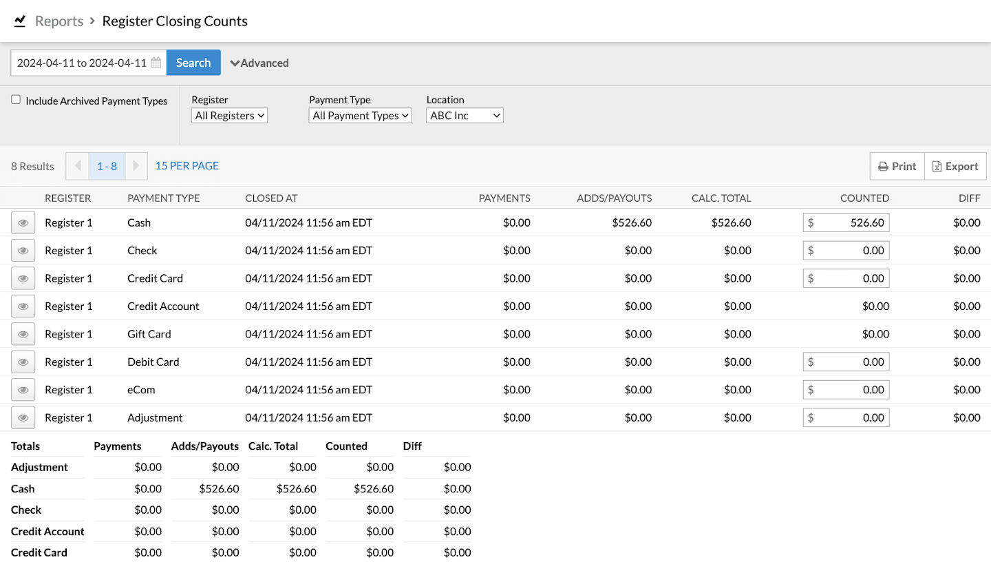 Closing counts page with transactions listed.