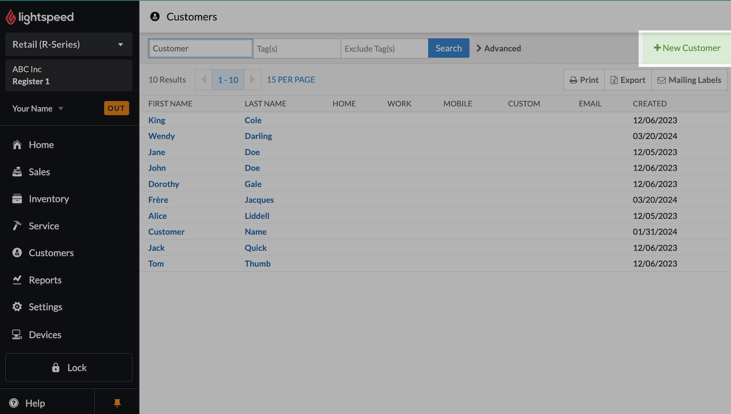 List of customers, with + New Customer option emphasized.
