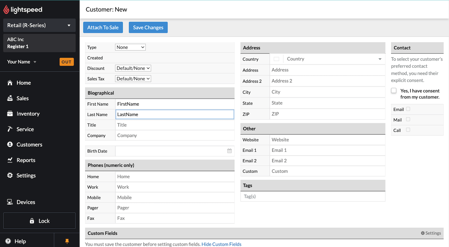 Page du client où des détails tels que le nom, le numéro de téléphone, l’adresse postale, l’adresse courriel et d’autres renseignements peuvent être saisis.