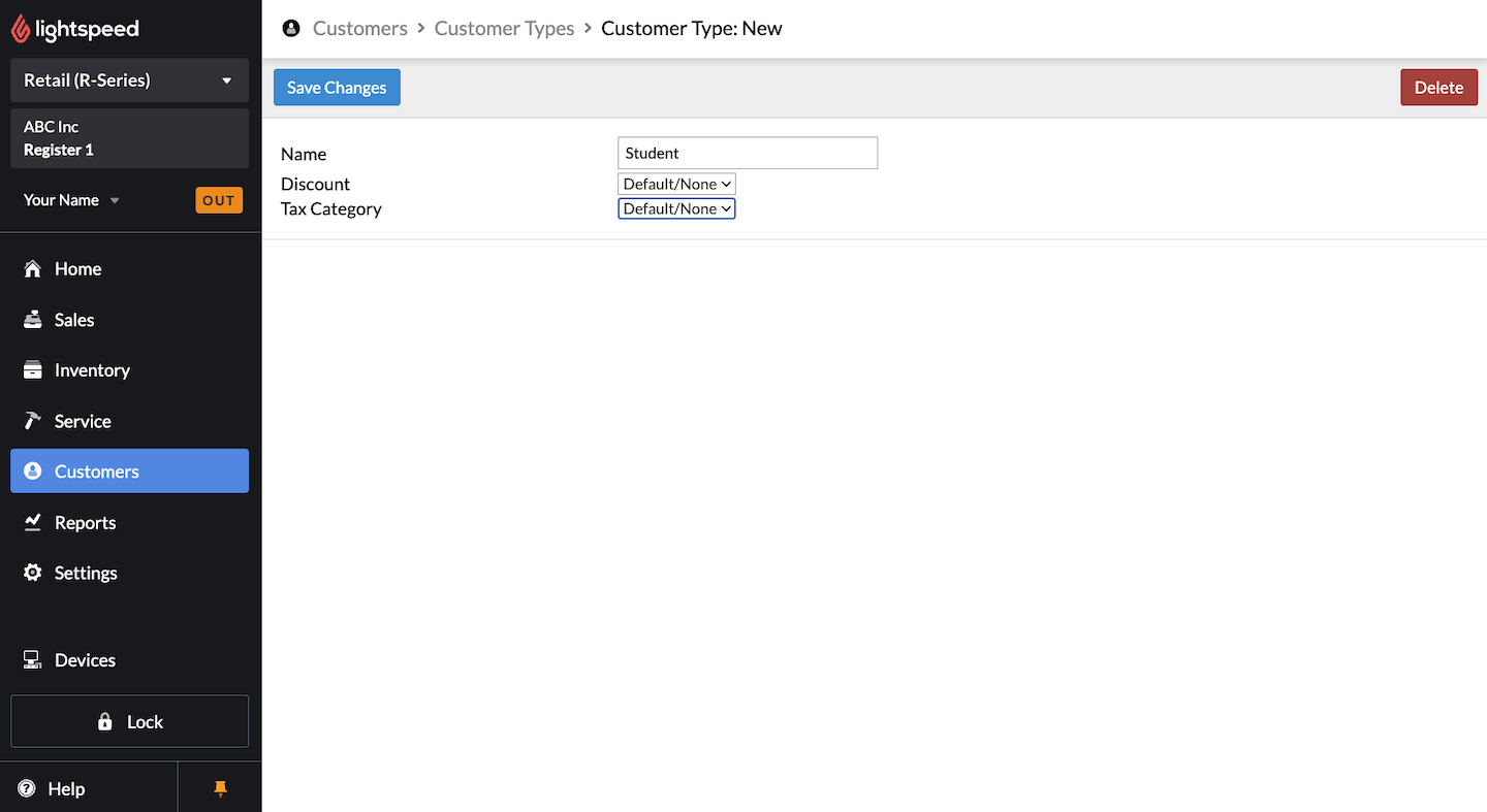 De pagina voor een nieuw klanttype, met het veld Naam en de vervolgkeuzemenu's Korting en BTW-tariefgroep.