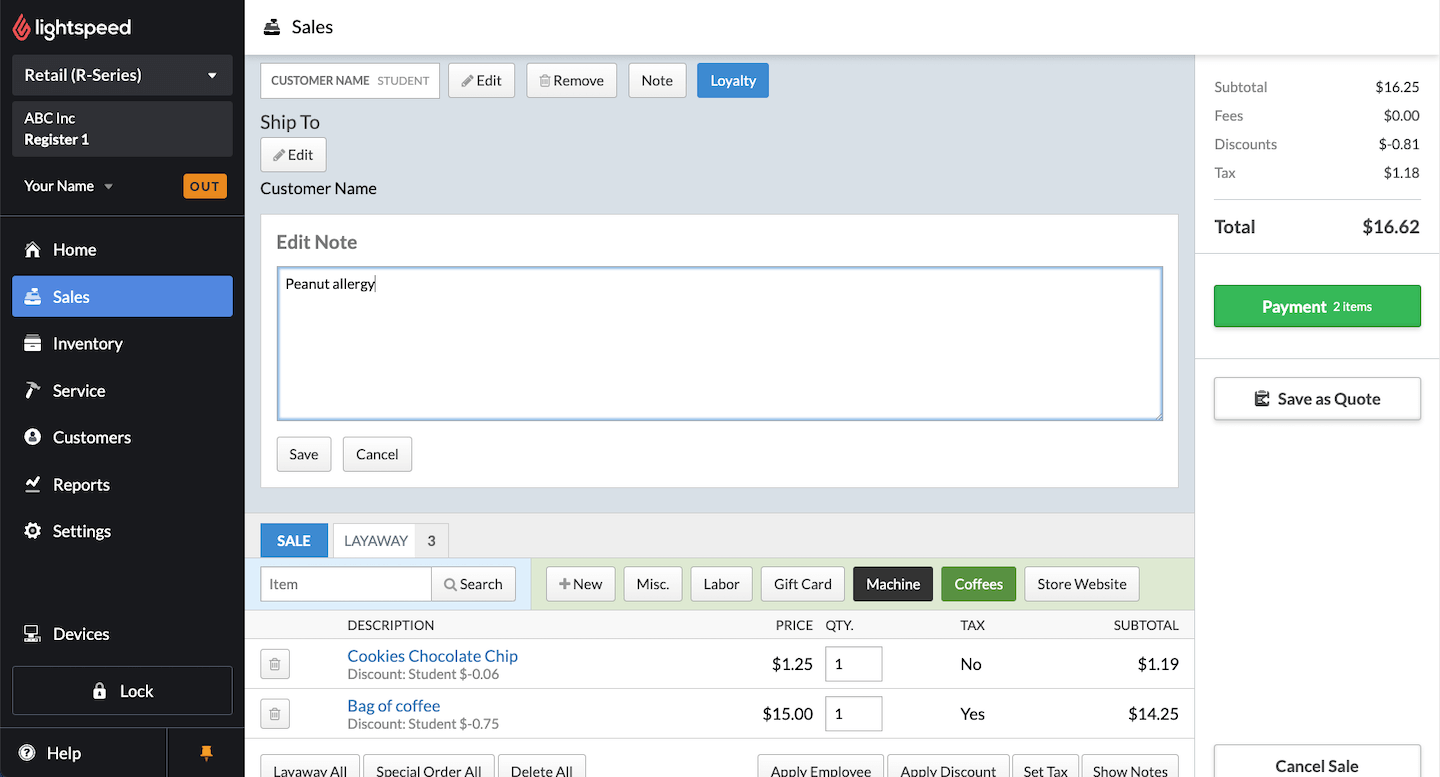 Opmerkingvenster met ruimte om een opmerking in te voeren. Selecteer Opslaan om deze toe te voegen aan het profiel van de klant.